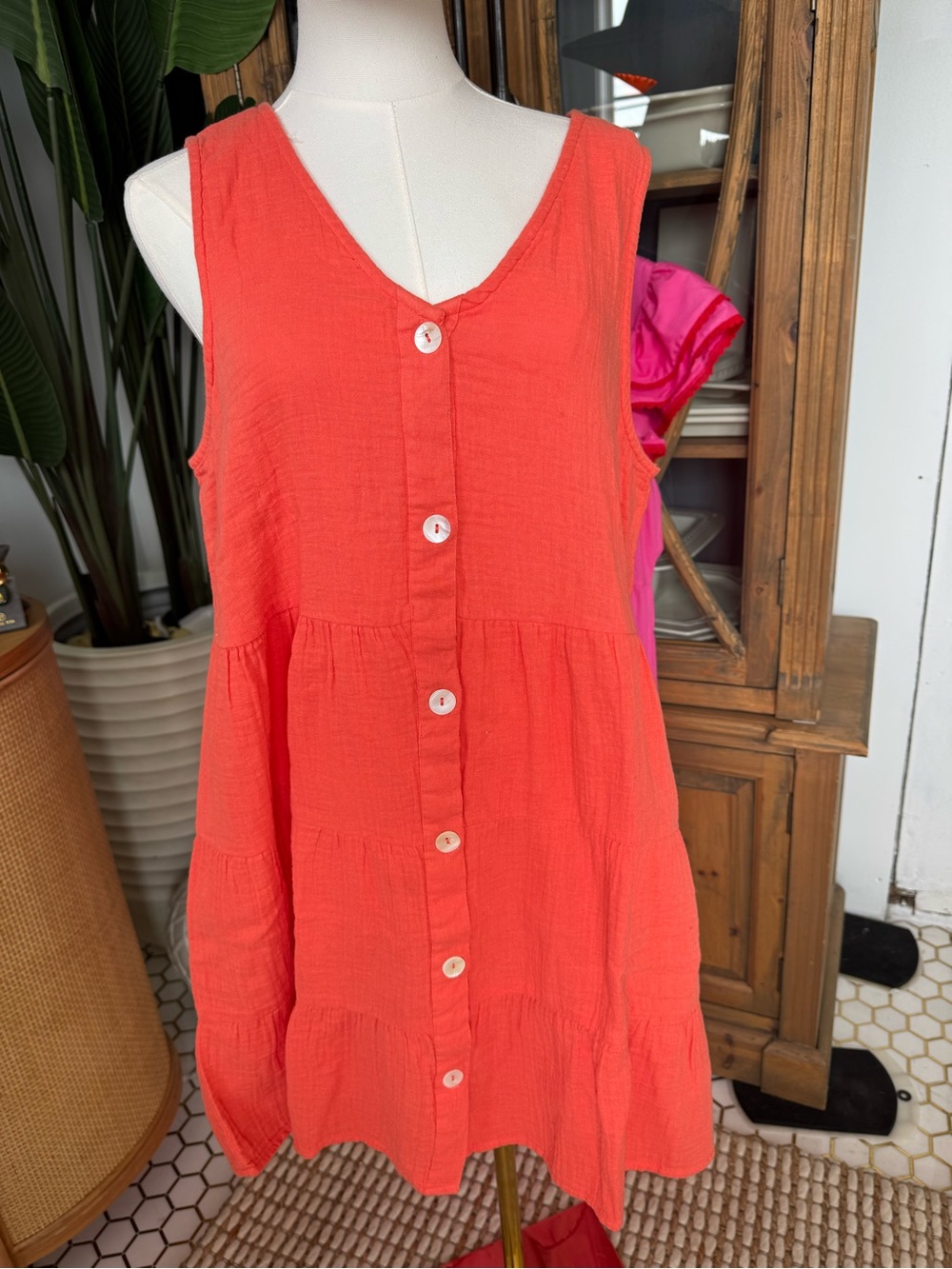 Mud Pie Coral Button-Front Tiered Dress